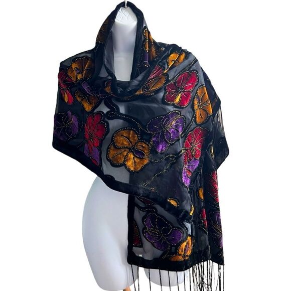Black Velvet Scarf/Shawl Shoulder Cover Up Rectangle W/Fringe Floral Beaded - Picture 1 of 10